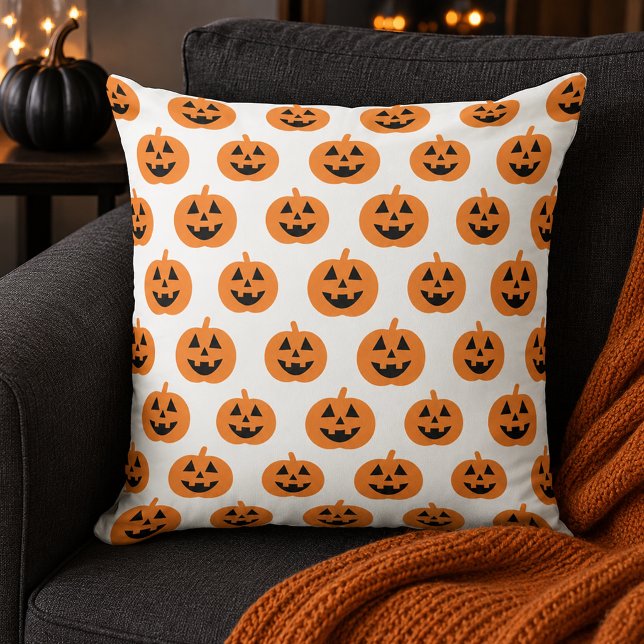 Cute Orange Pumpkin Pattern on White Halloween Throw Pillow (Creator Uploaded)