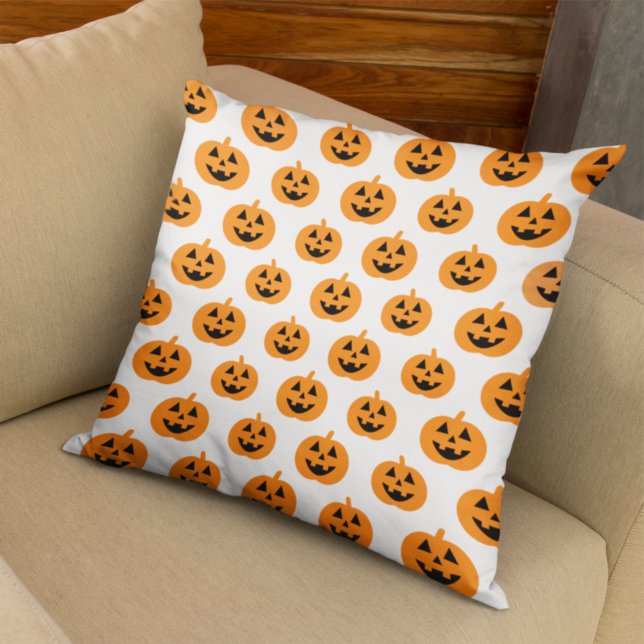 Cute Orange Pumpkin Pattern on White Halloween Throw Pillow (Creator Uploaded)