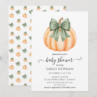 Cute Orange Pumpkin & Plaid Bow Baby Shower Invitation