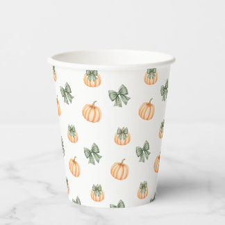 Cute Orange Pumpkin & Plaid Bow Pattern Party Paper Cups