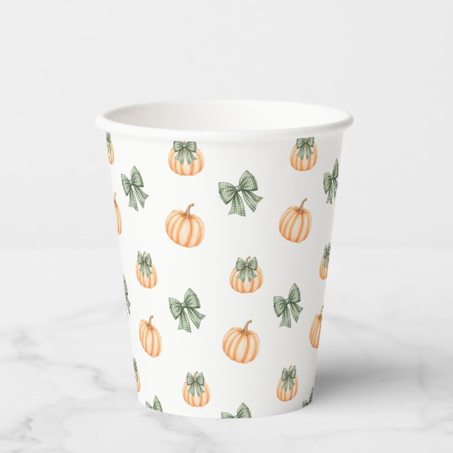 Cute Orange Pumpkin & Plaid Bow Pattern Party Paper Cups (Front)