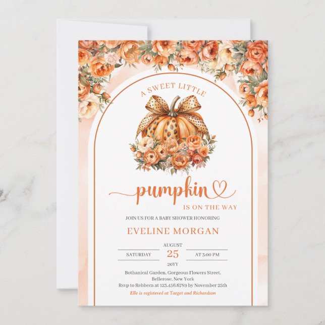 Cute orange pumpkin with leopard bow fall peonies  invitation (Front)