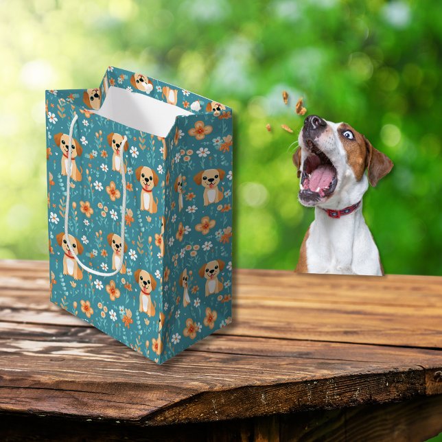 Cute Orange Puppy & Floral Pattern – Playful Dog Medium Gift Bag (Cute Orange Puppy Flowers Medium Gift Bag)