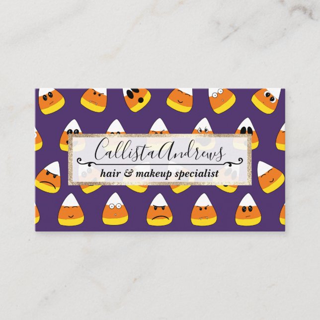 Cute Orange Purple Halloween Emoji Candy Corn Business Card (Front)