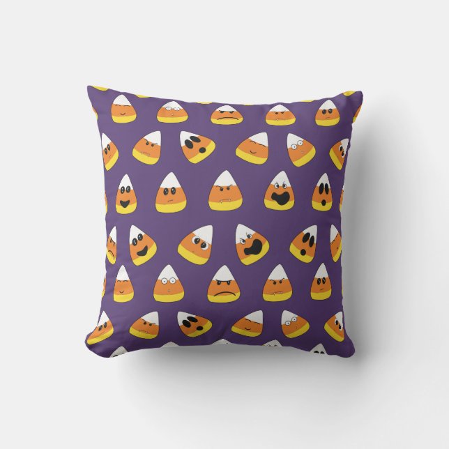 Cute Orange Purple Halloween Emoji Candy Corn Outdoor Pillow (Front)