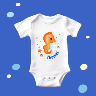 Cute orange seahorse baby bodysuit