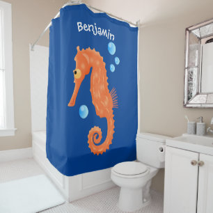 Cute orange seahorse bubbles cartoon illustration