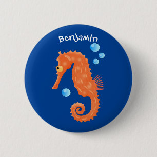 Cute orange seahorse bubbles cartoon illustration 2 inch round button