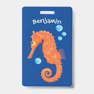 Cute orange seahorse bubbles cartoon illustration badge