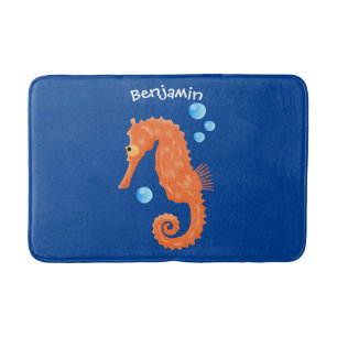 Cute orange seahorse bubbles cartoon illustration bath mat