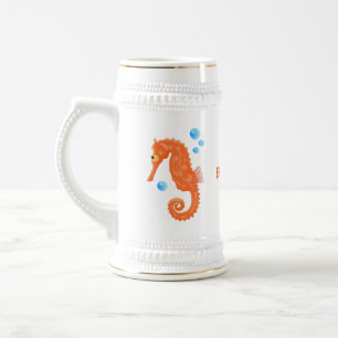 Cute orange seahorse bubbles cartoon illustration beer stein