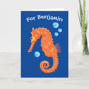 Cute orange seahorse bubbles cartoon illustration card