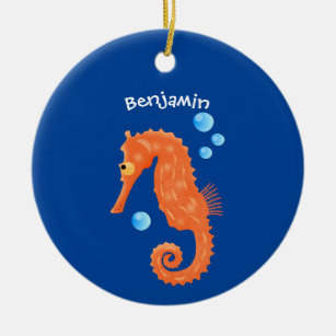 Cute orange seahorse bubbles cartoon illustration ceramic ornament