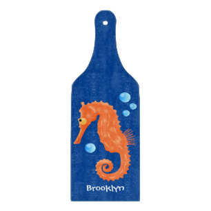 Cute orange seahorse bubbles cartoon illustration cutting board