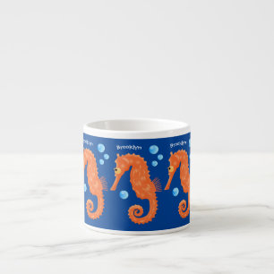 Cute orange seahorse bubbles cartoon illustration espresso cup