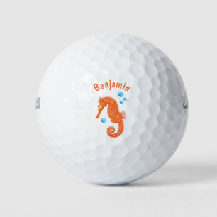 Cute orange seahorse bubbles cartoon illustration golf balls