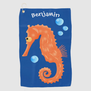 Cute orange seahorse bubbles cartoon illustration golf towel