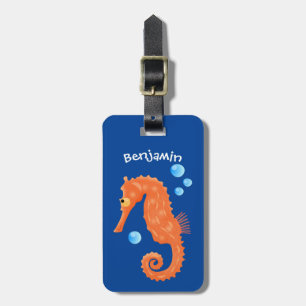 Cute orange seahorse bubbles cartoon illustration luggage tag