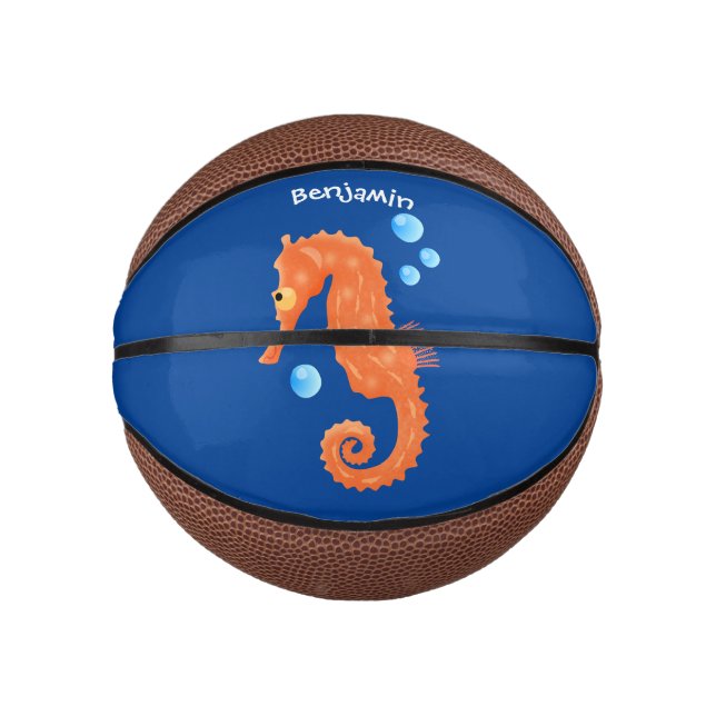 Cute orange seahorse bubbles cartoon illustration mini basketball (Front)