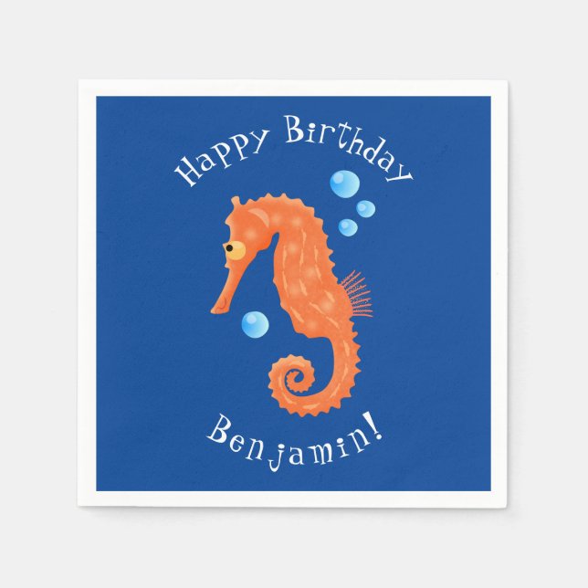 Cute orange seahorse bubbles cartoon illustration napkin (Front)
