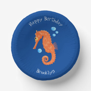 Cute orange seahorse bubbles cartoon illustration paper plate