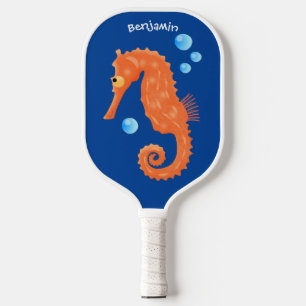 Cute orange seahorse bubbles cartoon illustration pickleball paddle