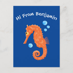 Cute orange seahorse bubbles cartoon illustration postcard