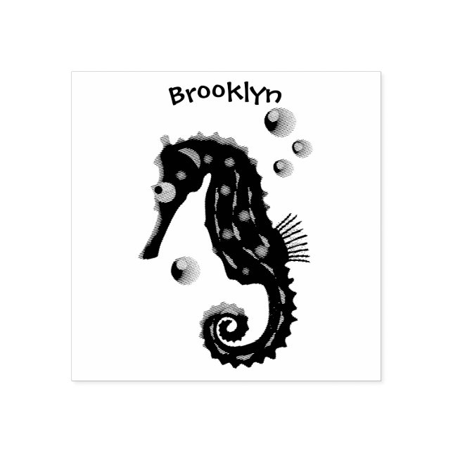 Cute orange seahorse bubbles cartoon illustration rubber stamp (Imprint)