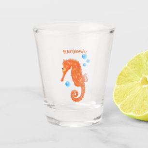 Cute orange seahorse bubbles cartoon illustration  shot glass