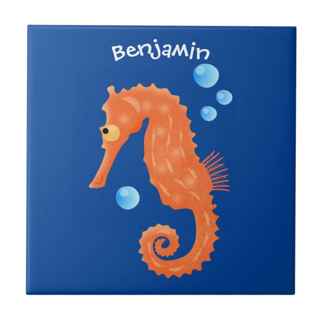 Cute orange seahorse bubbles cartoon illustration tile (Front)