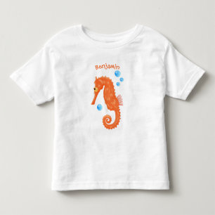 Cute orange seahorse bubbles cartoon illustration toddler t-shirt