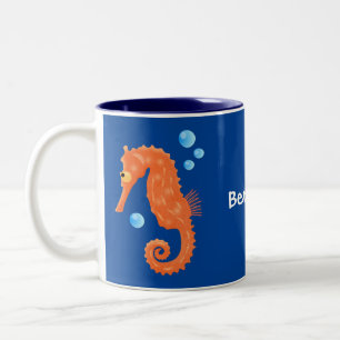 Cute orange seahorse bubbles cartoon illustration Two-Tone coffee mug