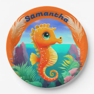 Cute Orange Seahorse Cartoon style Paper Plate