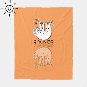Cute Orange Sloth Reflection Doodle Custom Name Fleece Blanket