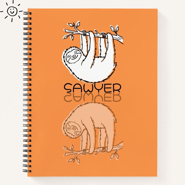 Cute Orange Sloth Reflection Doodle Custom Name Notebook (Creator Uploaded)
