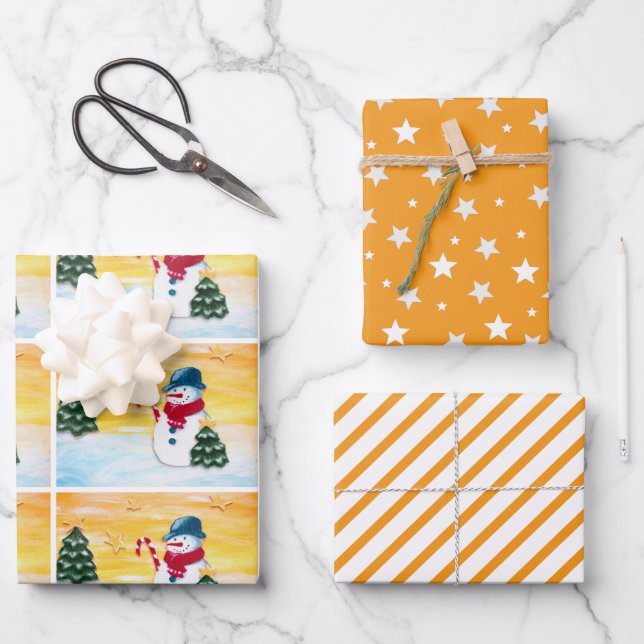 Cute Orange Snowman Christmas Tree Star Pattern Wrapping Paper Sheet (Front)