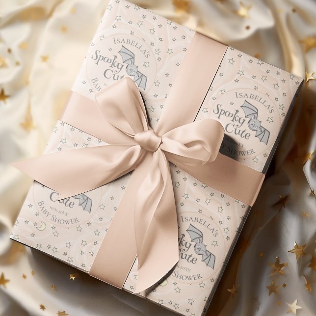 Cute Orange Spooky Cute October Baby Shower Wrapping Paper (Spooky Cute Fall Baby Shower Custom Wrapping Paper. Hand-Drawn Baby Bat, Moons & Stars in Orange)