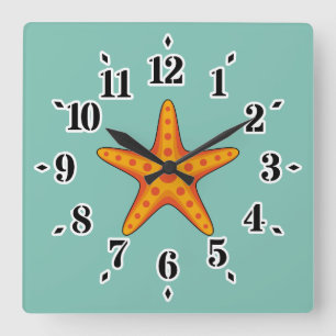 Cute Orange Starfish Cartoon Square Wall Clock