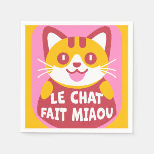 Cute Orange Tabby Cat Cartoon Says Meow in French Napkin
