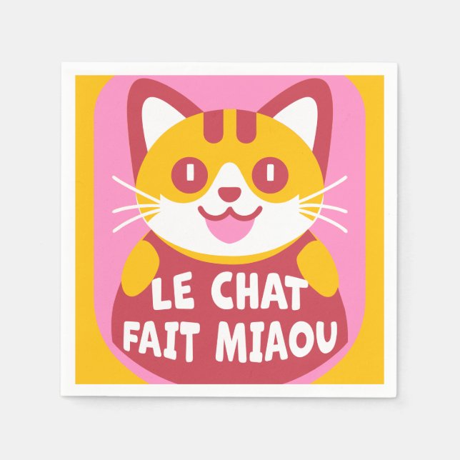 Cute Orange Tabby Cat Cartoon Says Meow in French Napkin (Front)