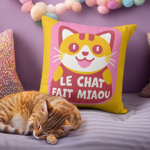 Cute Orange Tabby Cat Cartoon Says Meow in French Throw Pillow