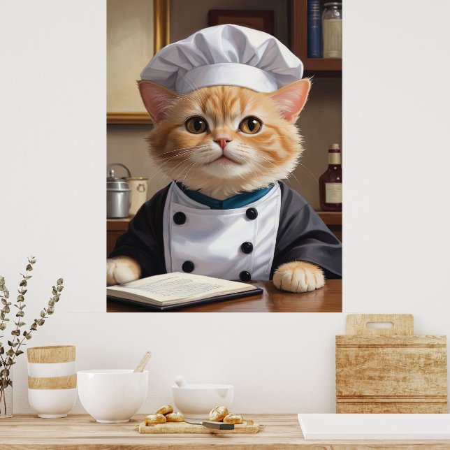 Cute Orange Tabby Cat Chef Cooking Illustration  Poster (Kitchen)