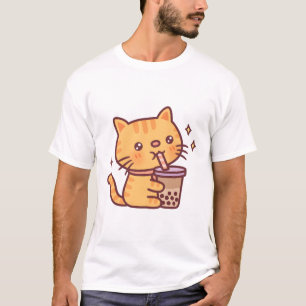 Cute Orange Tabby Cat Drinking Boba Tea T-Shirt