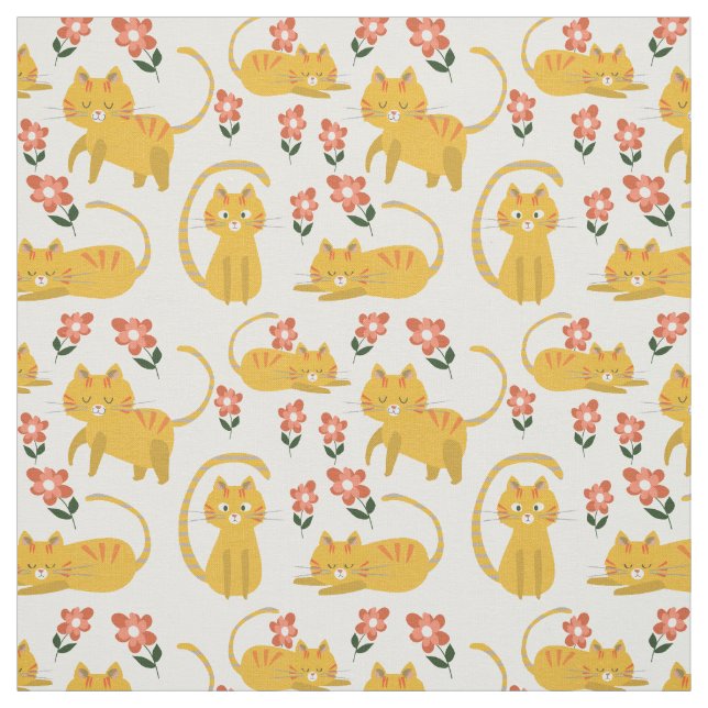 Cute Orange Tabby Cat Floral Repeat Pattern Fabric (Swatch)