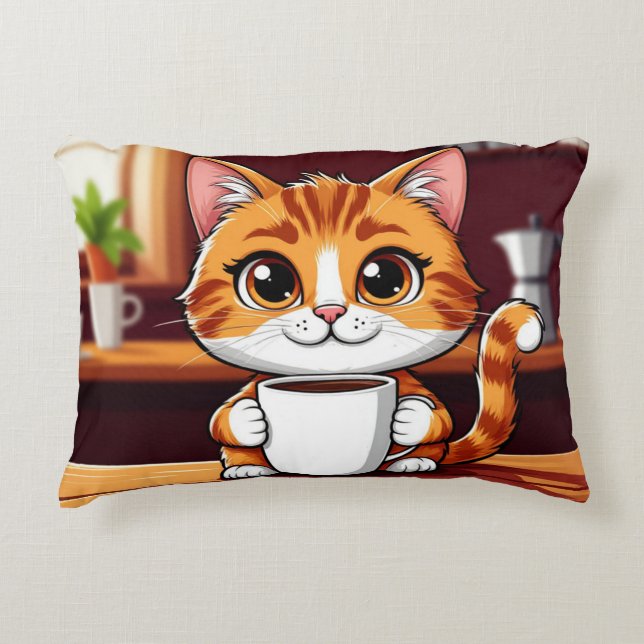 Cute Orange Tabby Cat Illustration with cup Accent Pillow (Front)