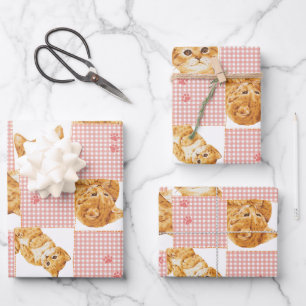 cute orange tabby cat plaid patchwork pink pattern wrapping paper sheet