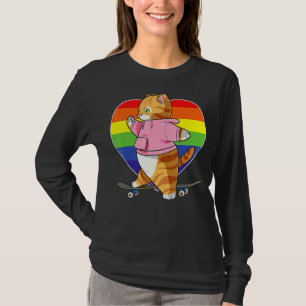 Cute Orange Tabby Cat Skateboarder Rainbow Heart S T-Shirt