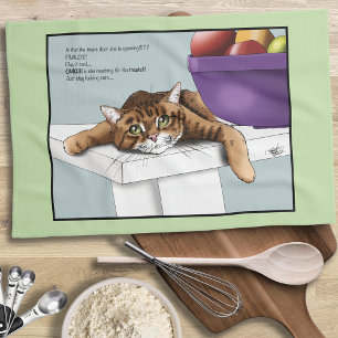 Cute Orange Tabby Cat Treats Funny Waiting Kitchen Towel