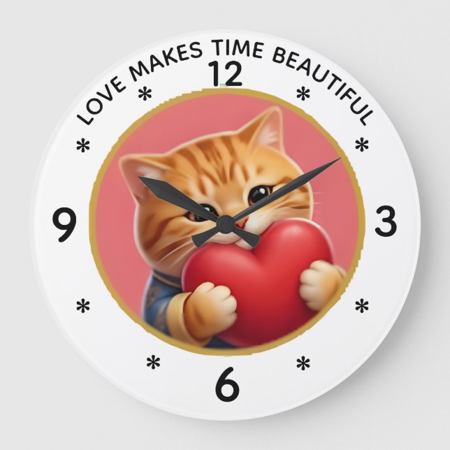 Cute Orange Tabby Cat Wall Clock with Love Quote (Front)