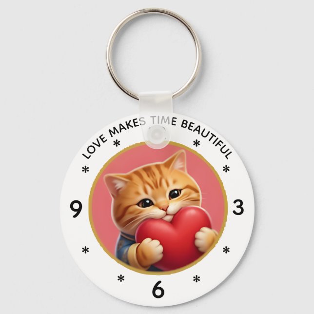 Cute Orange Tabby Cat Wall Clock with Love Quote Keychain (Front)